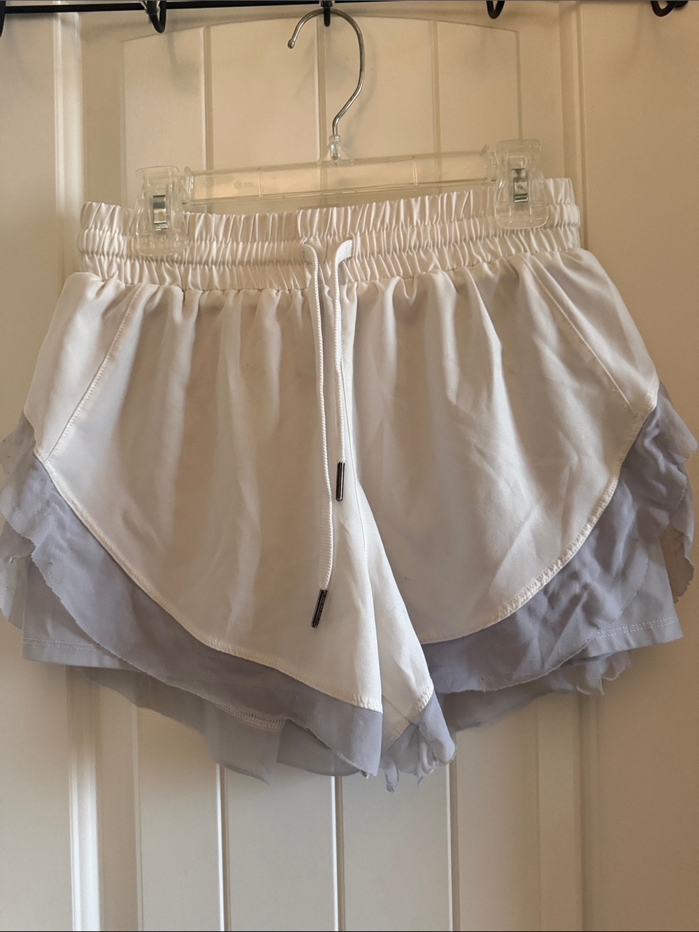 Women’s White Layered Ruffle Athletic Shorts with Drawstring Waist